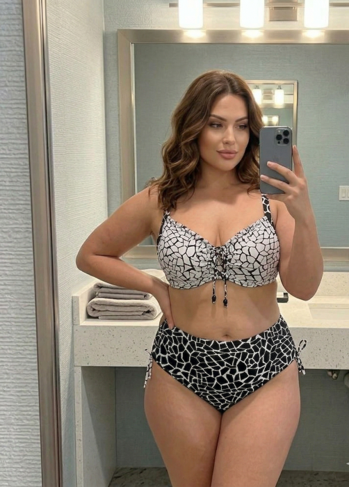 Costum de baie dama 2 piese alb-negru, talie inalta, sutien cu sustinere si imprimeu modern y9200 [3]