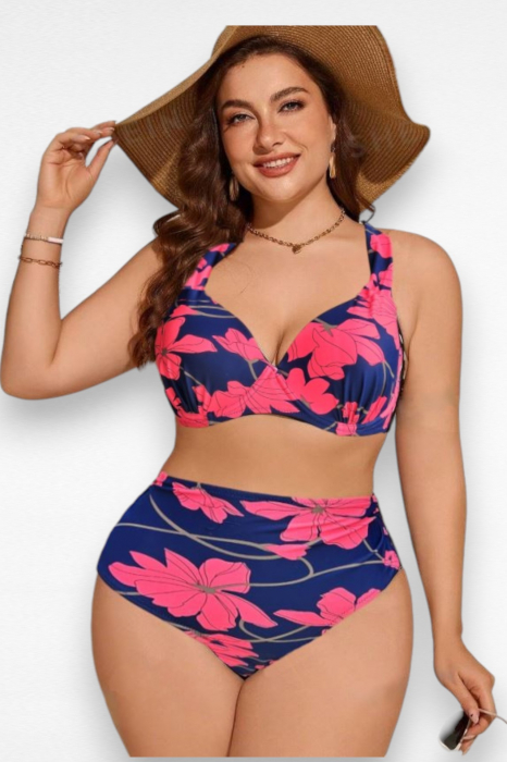 Costum de baie marime mare, 2 piese, dama, floral, rosu, embody.ro [5]