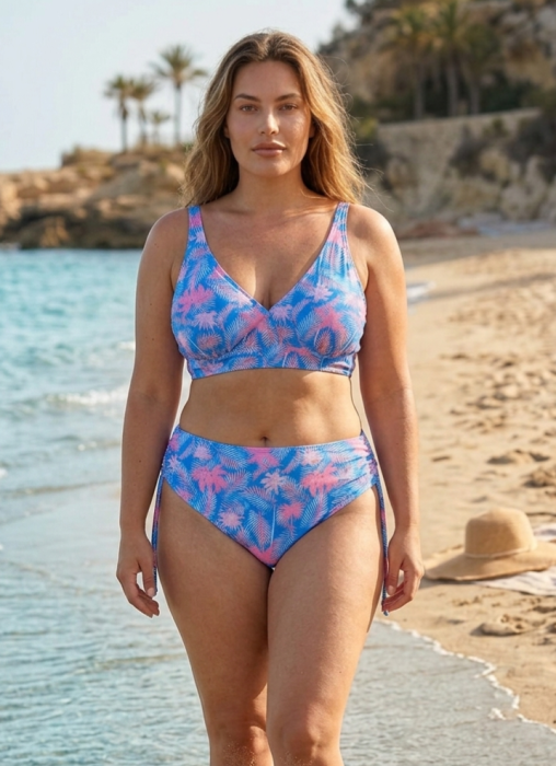 Costum de baie dama, 2 piese, marime mare, slip talie inalta, albastru, Aqua Palms embody.ro [5]