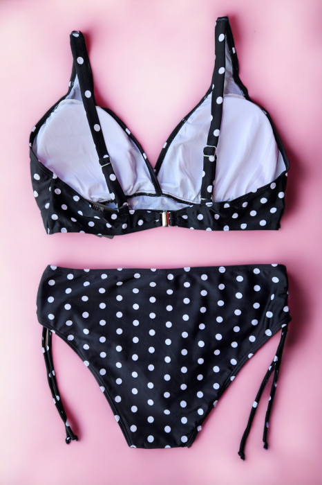 Costum de baie dama, 2 piese, marime mare, slip talie inalta, negru, Black Dots embody.ro [3]