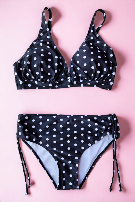 Costum de baie dama, 2 piese, marime mare, slip talie inalta, negru, Black Dots embody.ro [2]