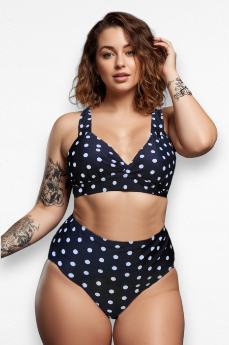 Costum de baie dama, 2 piese, marime mare, slip talie inalta, negru, Black Dots embody.ro [5]