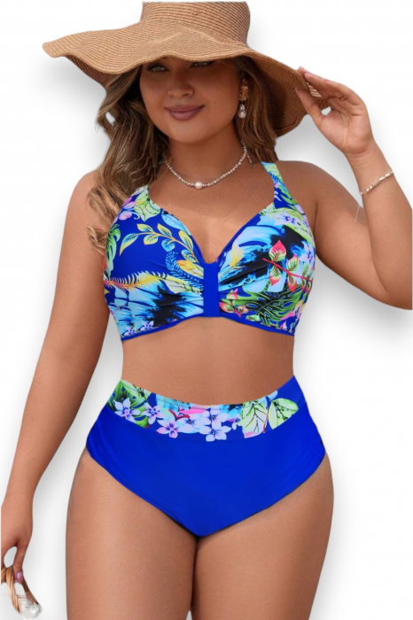 Costum de baie dama, 2 piese, marime mare, slip talie inalta, cupa voluminoasa, albastru, embody.ro [2]