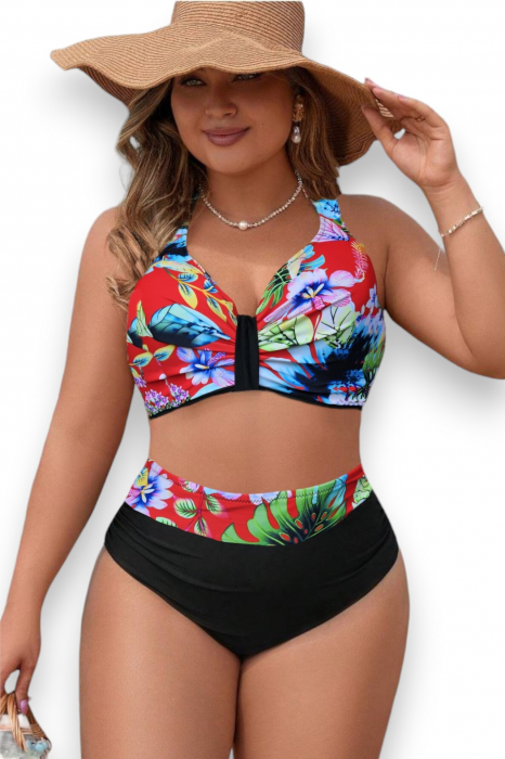 Costum de baie dama, 2 piese, marime mare, slip talie inalta, cupa voluminoasa, negru/rosu, embody.ro [4]