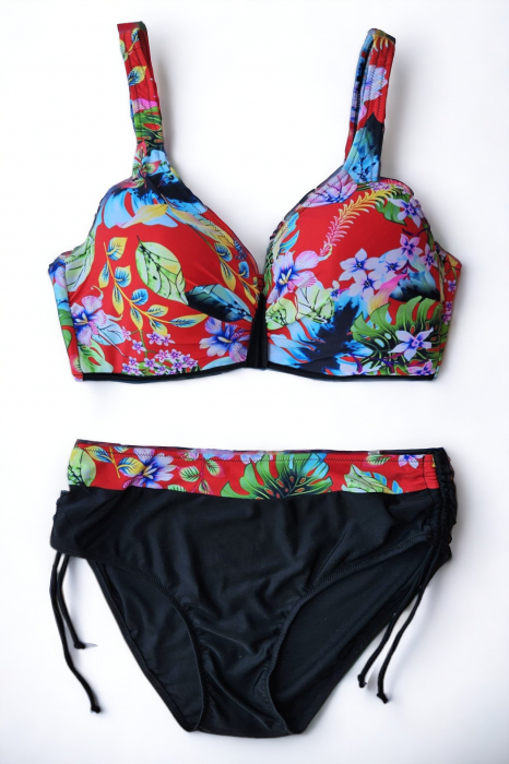 Costum de baie dama, 2 piese, marime mare, slip talie inalta, cupa voluminoasa, negru/rosu, embody.ro [2]