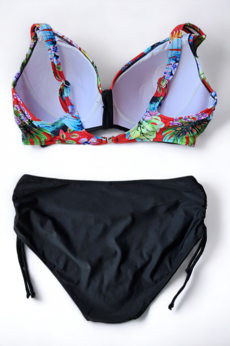 Costum de baie dama, 2 piese, marime mare, slip talie inalta, cupa voluminoasa, negru/rosu, embody.ro [3]