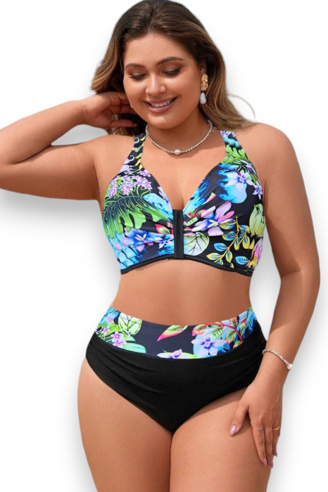 Costum de baie dama, 2 piese, marime mare, slip talie inalta, cupa voluminoasa, negru/verde, embody.ro [4]