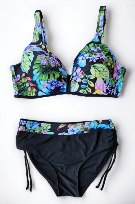 Costum de baie dama, 2 piese, marime mare, slip talie inalta, cupa voluminoasa, negru/verde, embody.ro [2]