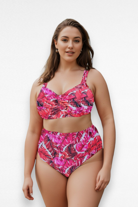 Costum de baie dama, 2 piese, marime mare, slip talie inalta, multicolor, Red Flowers, embody.ro [5]
