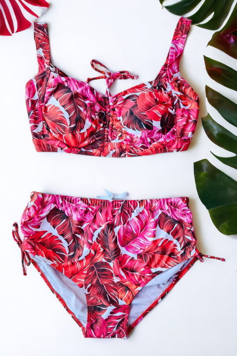 Costum de baie dama, 2 piese, marime mare, slip talie inalta, multicolor, Red Flowers, embody.ro [2]