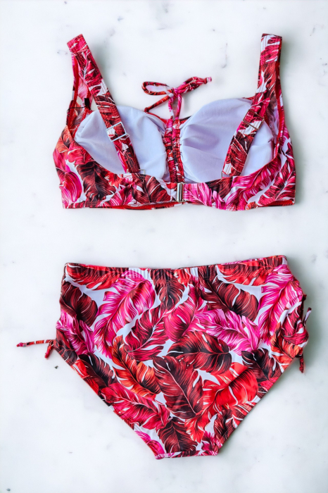 Costum de baie dama, 2 piese, marime mare, slip talie inalta, multicolor, Red Flowers, embody.ro [3]