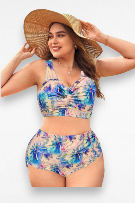 Costum de baie dama, 2 piese, marime mare, slip talie inalta, multicolor, exotic Palms, embody.ro [5]