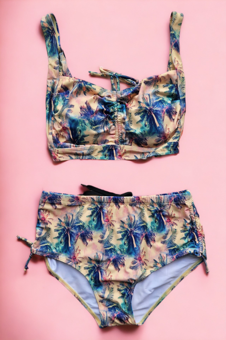 Costum de baie dama, 2 piese, marime mare, slip talie inalta, multicolor, exotic Palms, embody.ro [3]
