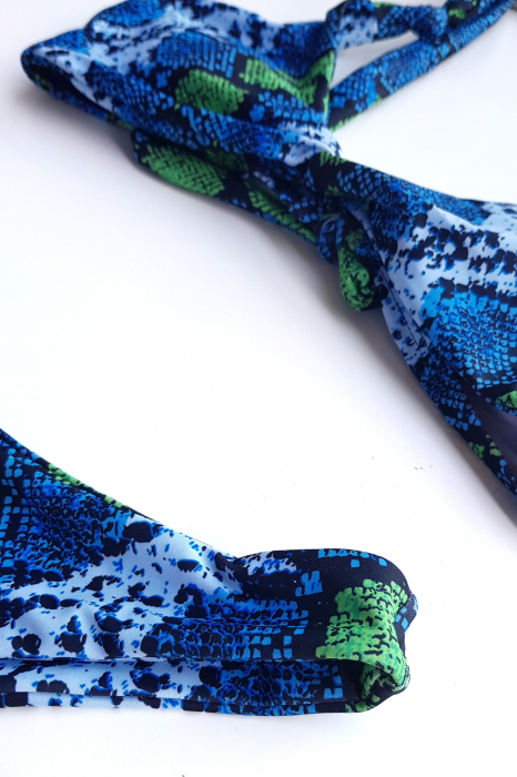 Costum de baie dama, 2 piese, sutien reglabil snur, slip brazilian, imprimeu Animal print-Crazy Snake, Albastru [6]