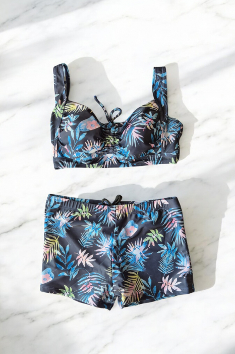 Costum de baie dama ,2 piese, sutien tip bustiera si pantaloni scurti, negru, Wild print, embody.ro [2]