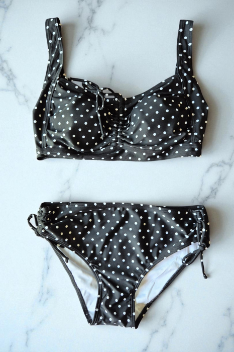 Costum de baie dama, 2 piese, sutien tip bustiera si slip clasic, dots negru, 5002 [2]