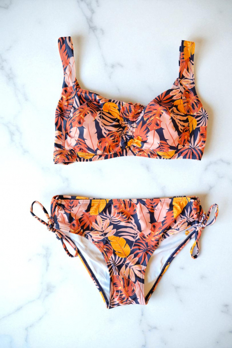 Costum de baie dama, 2 piese, sutien tip bustiera si slip clasic, orange palms, 5002 [2]