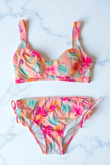 Costum de baie dama, 2 piese, sutien tip bustiera si slip clasic, pink palms, 5002 [2]