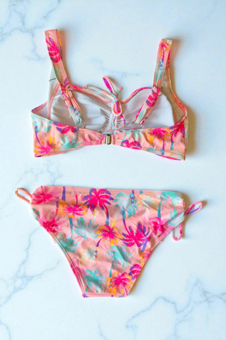 Costum de baie dama, 2 piese, sutien tip bustiera si slip clasic, pink palms, 5002 [3]