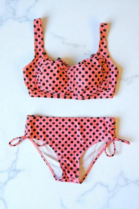 Costum de baie dama, 2 piese, sutien tip bustiera si slip clasic, pink dots, 5002 [3]