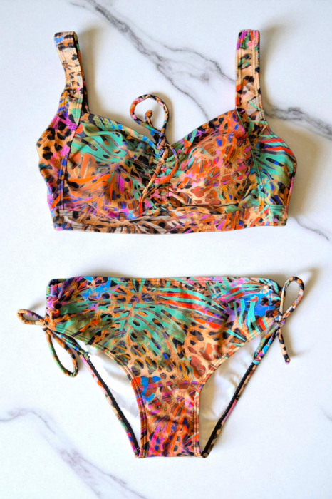 Costum de baie dama, 2 piese, sutien tip bustiera si slip clasic, tropical print, 5002 [3]