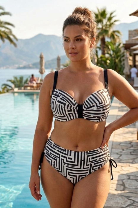 Costum de Baie Dama 2 Piese, Talie Inalta si Imprimeu Geometric, negru/alb lm067 [2]