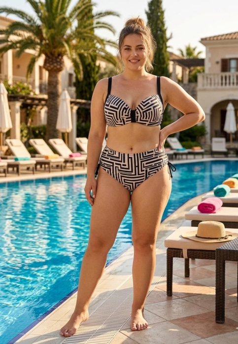 Costum de Baie Dama 2 Piese, Talie Inalta si Imprimeu Geometric, Negru/Bej lm067 [3]