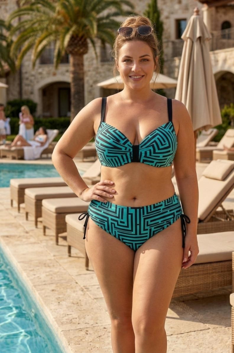 Costum de Baie Dama 2 Piese, Talie Inalta si Imprimeu Geometric, turcoaz lm067 [3]