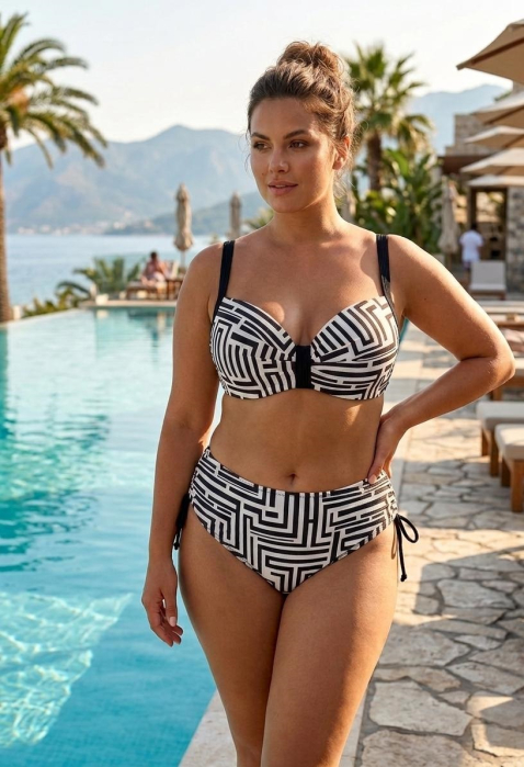 Costum de Baie Dama 2 Piese, Talie Inalta si Imprimeu Geometric, negru/alb lm067 [4]