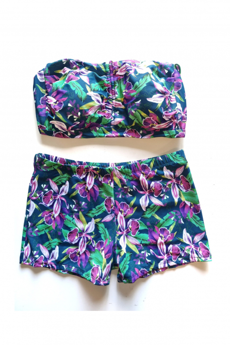 Costum de baie dama, batal-marime mare, 2 piese, slipi tip pantaloni scurti, floral verde, embody.ro [2]
