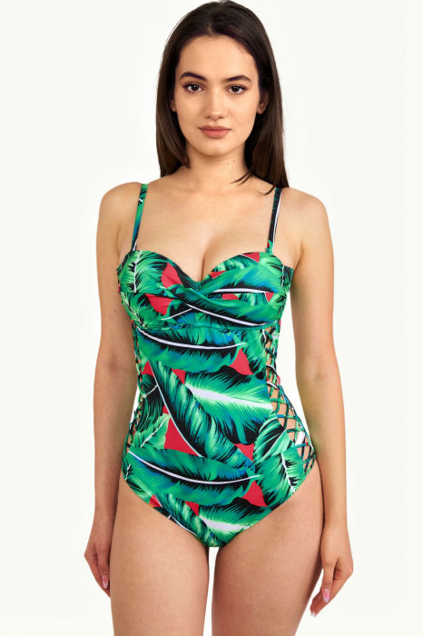 Costum de baie dama intreg, tropical, bretele reglabile cu snur, verde/rosu [1]