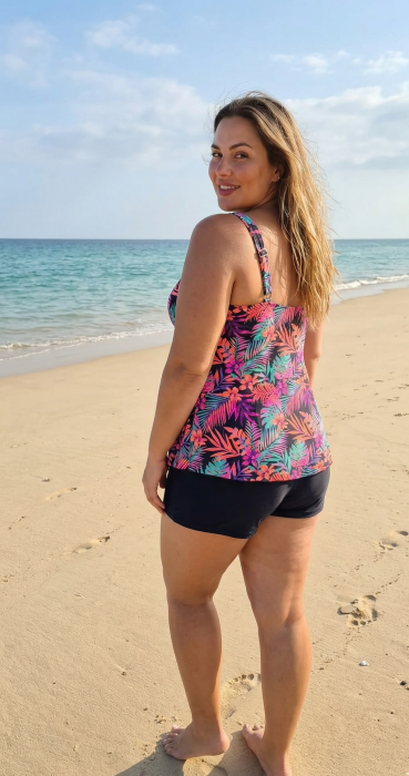 Costum de baie dama tip Tankini, bleumarin cu imprimeu floral si pantaloni scurti F2504 [2]