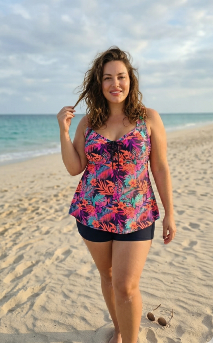 Costum de baie dama tip Tankini, bleumarin cu imprimeu floral si pantaloni scurti F2504 [3]