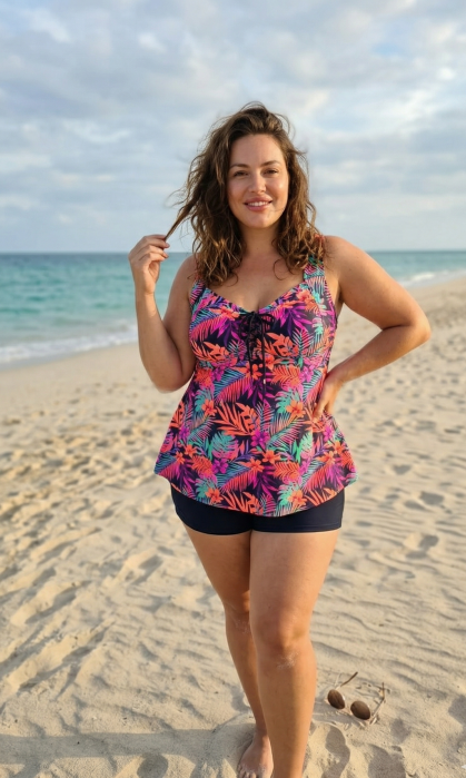 Costum de baie dama tip Tankini, bleumarin cu imprimeu floral si pantaloni scurti F2504 [4]