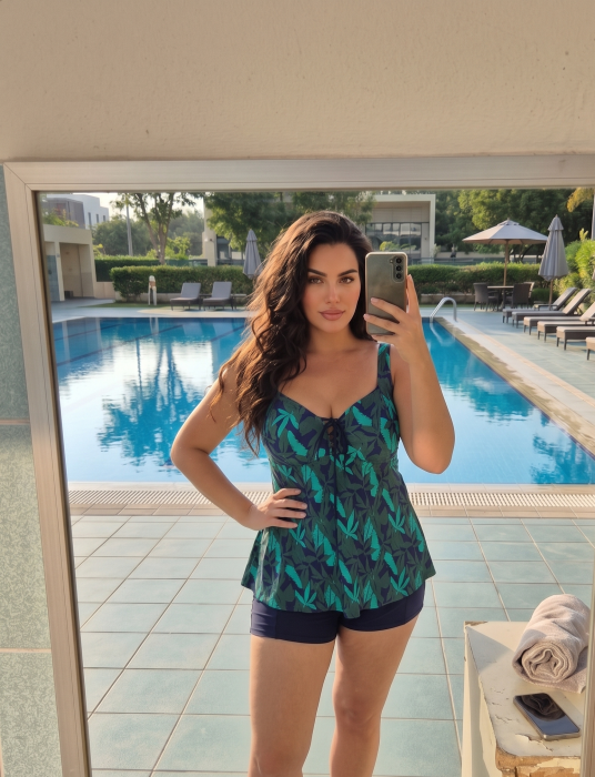 Costum de baie dama tip Tankini, verde cu imprimeu tropical si pantaloni scurti F2504 [2]