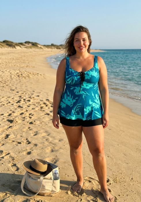 Costum de baie dama tip Tankini, bleumarin cu imprimeu floral si pantaloni scurti F2504 verde [3]