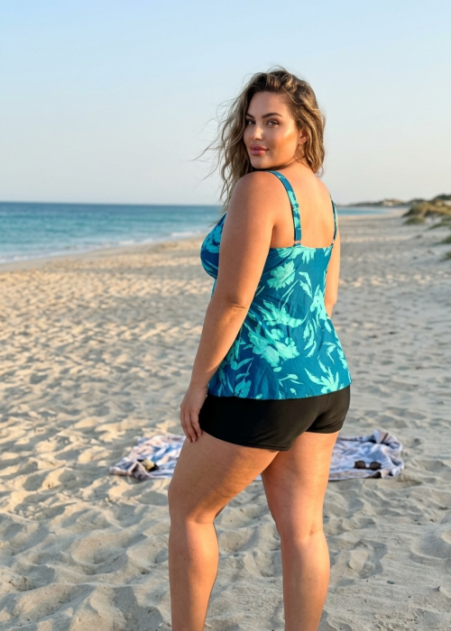 Costum de baie dama tip Tankini, bleumarin cu imprimeu floral si pantaloni scurti F2504 verde [2]