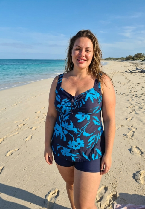 Costum de baie dama tip Tankini, bleumarin cu imprimeu floral si pantaloni scurti F2504 bleu [3]