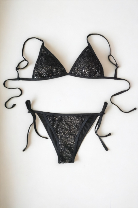 Costum de baie 2 piese, cu paiete, slip brazilian, snr reglabil, negru, Glow Shineembody.ro [4]
