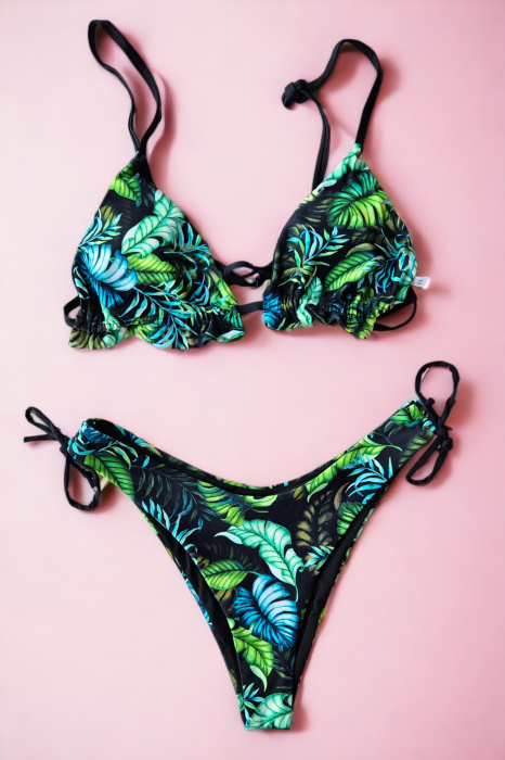Costum de baie din 2 piese, slip brazilian cu snur, imprimeu tropical, verdeembody.ro [2]