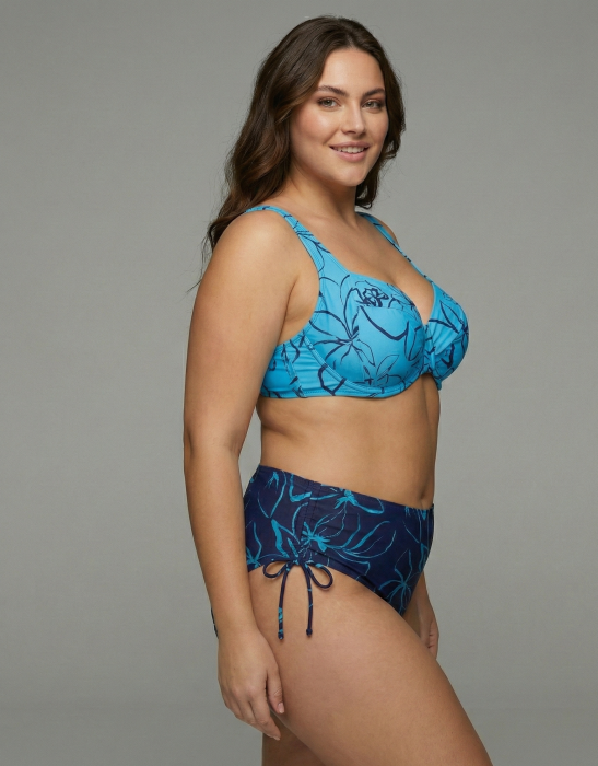Costum de Baie Doua Piese Dama Marimi Mari – Model Floral Albastru si Bleumarin, Sutien cu Sustinere si Slip Talie Inalta Ajustabil Lateral Lm057 [4]