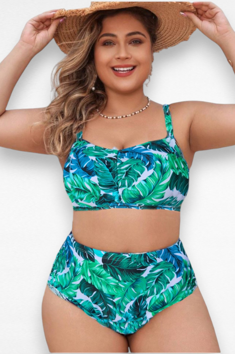 Costum de baie doua piese, marime mare, sutien bustiera, tropical, verde embody.ro [5]