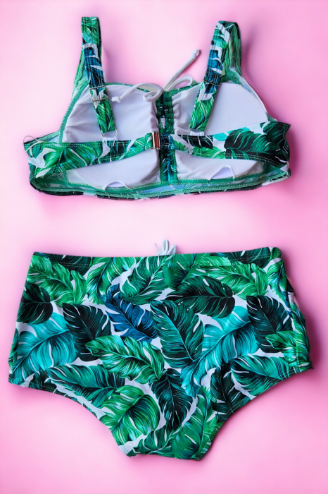Costum de baie doua piese, marime mare, sutien bustiera, tropical, verde embody.ro [3]