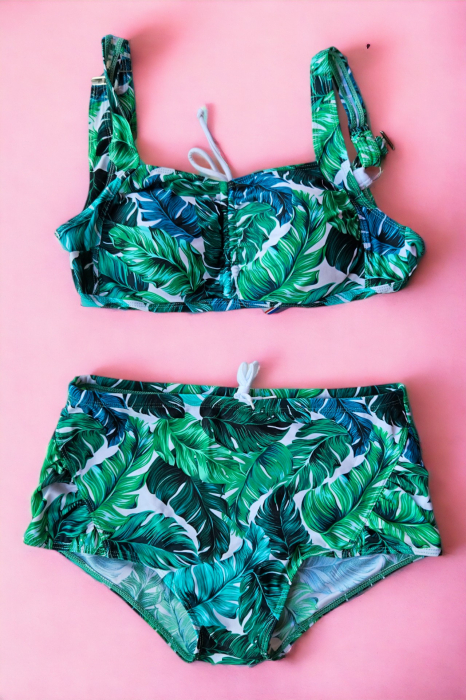 Costum de baie doua piese, marime mare, sutien bustiera, tropical, verde embody.ro [2]
