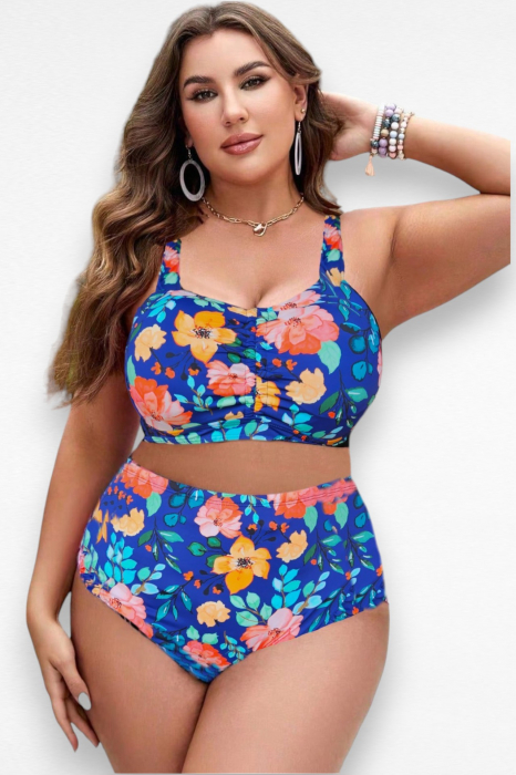 Costum de baie doua piese, marime mare, sutien bustiera, tropical, bleumarin embody.ro [5]