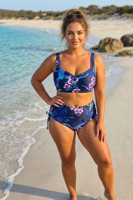 Costum de baie doua piese marimi mari, bleumarin, talie inalta F2720 [2]