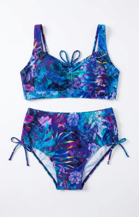 Costum de baie doua piese marimi mari, albastru floral, talie inalta F2720 [2]