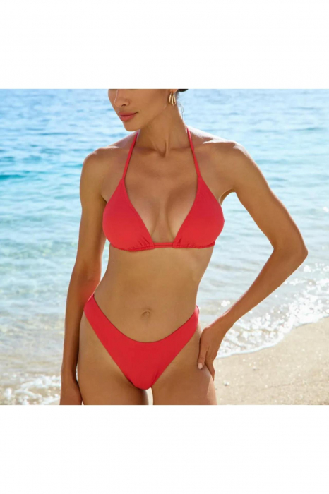 Costum de baie doua piese, slip in V semi brazilian, inchidere cu snururi,portocaliu lucios, Embody Basic [2]