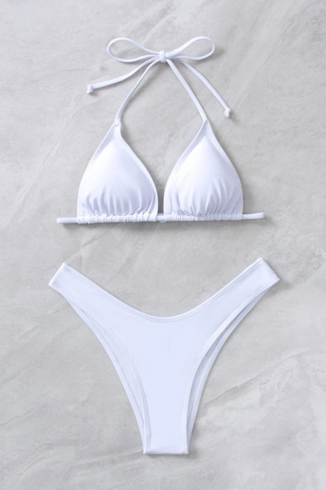 Costum de baie doua piese, slip in V semi brazilian, inchidere cu snururi, alb lucios, Embody Basic, embody.ro [5]