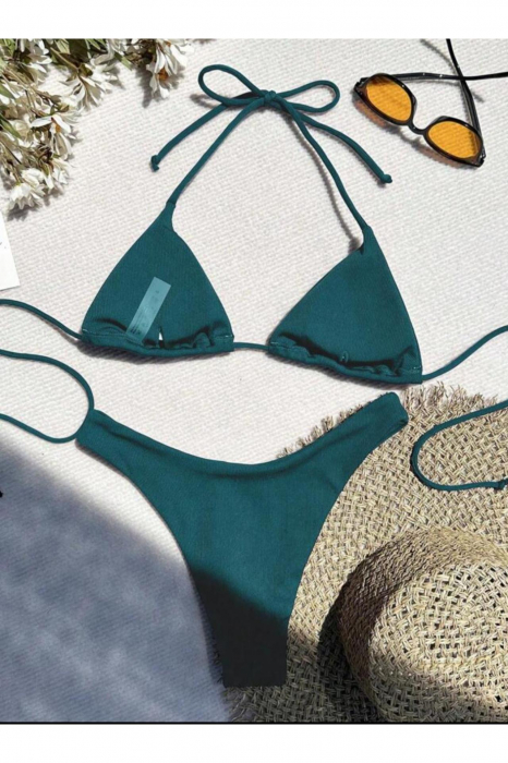 Costum de baie doua piese, slip in V semi brazilian, inchidere cu snururi,verde inchis lucios, Embody Basic [4]